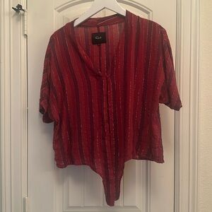 Rails Short Sleeve Thea Rouge Stripe V Neck Button Down Linen Front Tie Top M